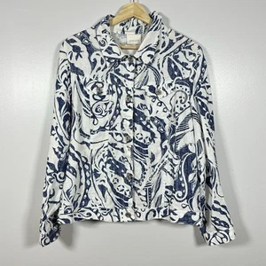 Chico's Jacket Womens 2 Blue White Linen Summer Print Paisley Lightweight READ - Picture 1 of 12