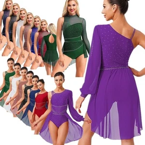 Women Jazz Dance Dress One shoulder Sleeve Shiny Solid Color Irregular Outfit - Picture 1 of 164