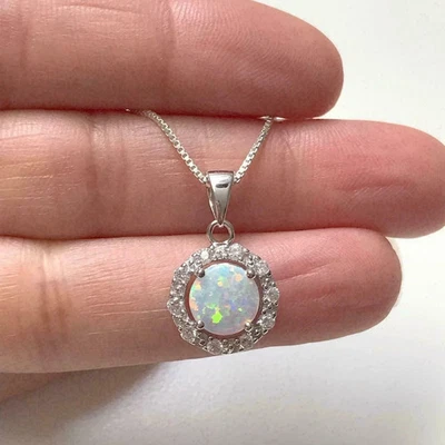 2CT Round Cut Lab Created Fire Opal Women's Chain Pendant 14K White Gold Finish - Image 1 of 3