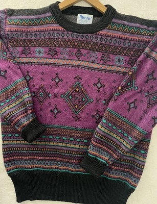 Suéter de Colección Años 80 Meister Mezcla de Lana Cuello Redondo Unisex Talla M Azteca Negro Esquí Foto 1 de 4