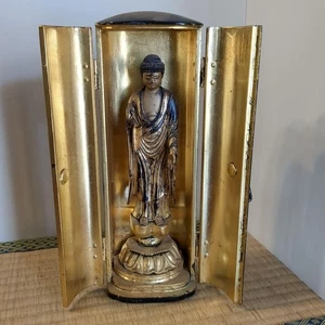 Vintage Japanese Wooden Figurine Statue Amida Nyorai Zushi - Picture 1 of 10