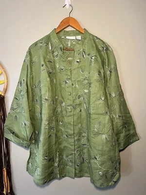 Blusa abotonada manga 3/4 100 % lino bordada Tweeds para mujer 1X  Foto 1 de 4