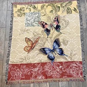 Lemme Studio Butterfly Floral Woven Tapestry Throw Blanket Apprx. 58 X 50” - Picture 1 of 7