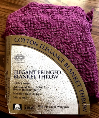 Beacon Elegant Fringed Blanket Throw. Cotton 50 X 60. burgundy. USA NEW. - Image 1 of 4
