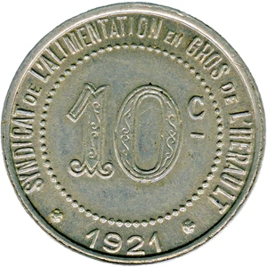 # FRANCE 1921 ☆ 10c • HERAULT • SYND ALIMENTATION ☆ FRENCH EMERGENCY COIN ☆C9410 - Picture 1 of 4