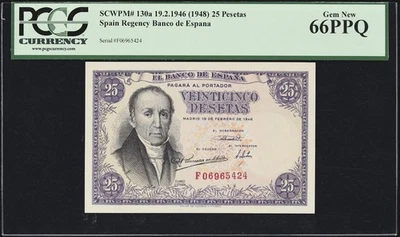 1948 Spain, Banco de Espana 25 Pesetas Certified PCGS 66PPQ - Image 1 of 2