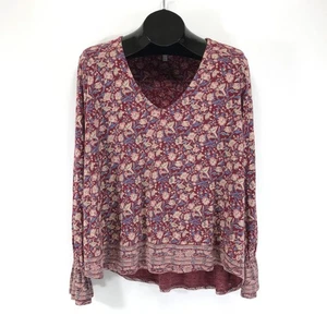Lucky Brand Border Print Top Women's XL V-Neck Cotton Blend Floral Bohemian - Picture 1 of 11