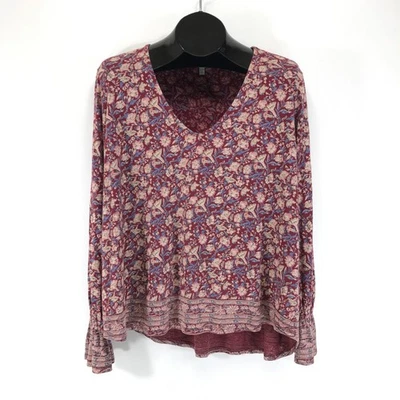 Lucky Brand Border Print Top Women's XL V-Neck Cotton Blend Floral Bohemian - Image 1 of 4