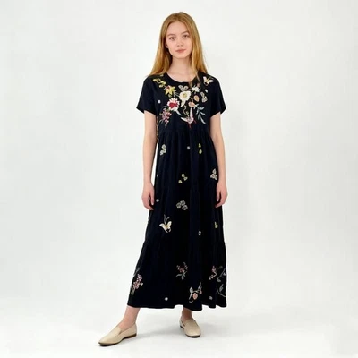 NUEVO SIN ETIQUETAS Johnny Was Suki Bordado Manga Gorra Tejido Camiseta Vestido Midi Talla M Algodón Foto 1 de 4