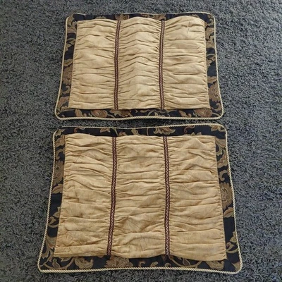 2 Ashley Standard Pillow Shams Tan Cinched Tuffed Jacquard 26x20 Luxury Bolster - Image 1 of 4