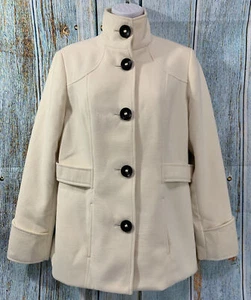 Chicos Jacket Pea Coat Size 0 Short Ivory Button Front High Neck Belt Detail - Picture 1 of 7