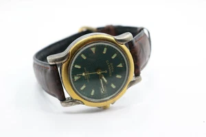 Boca Classics Gold Tone Green Dial Brown Leather Strap Date Watch New Battery - Picture 1 of 6