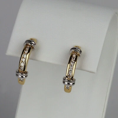 14k Yellow & White Gold, Diamond Women's Half Hoop Stud Earrings - Image 1 of 2