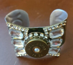 Remington 12 Gauge Shotgun Shell Hunter Metal Cuff Bracelet Vtg Rhinestones READ - Picture 1 of 12