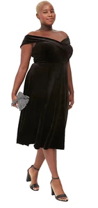 Lane Bryant~Nuevo Con Etiquetas~Vestidos Midi Swing Terciopelo Fuera del Hombro Negros~24W - Imagen 1 de 12
