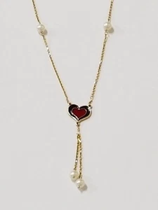 14k Yellow Gold Lariat Heart Necklace With Pearls And Black Red Enamel Heart 16" - Picture 1 of 7