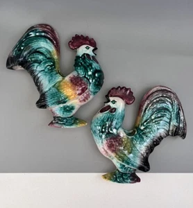 Vintage MCM Ceramic Rooster Wall Pocket Planters Majolica Glaze Green Jewel Eyes - Picture 1 of 9