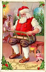 MERRY CHRISTMAS - SANTA BUILDS TOYS - 1911 - EMBOSSED HOLIDAY POSTCARD - Picture 1 of 2