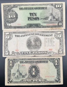 WWII Philippines 1, 5, 10 Pesos - Japanese Invasion Money JIM  Currency - Picture 1 of 2