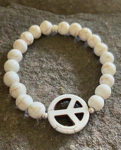 Peace Sign Bracelet White Howlite Turquoise Bead, Sterling Silver Beads, Custom - Picture 1 of 7
