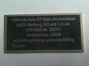 Typenschild AHK AZV s94 Anhängerkupplung Wartburg 353 1.3 S100 VEB Kafa Halle - Bild 1 von 1