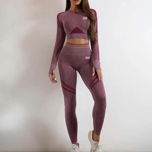 Seamless Yoga Pants Sports Gym Fitness Leggings and Long Sleeve Top Outfit Set - Picture 1 of 2