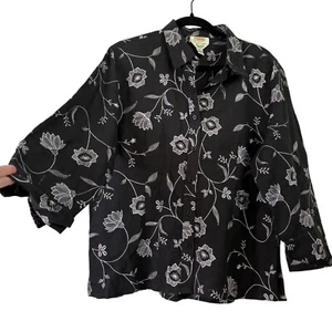 Blusa para mujer Talbots irlandesa de lino negra bordado floral manga 3/4 talla grande - Imagen 1 de 12