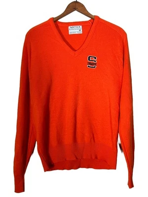 VINTAGE Syracuse University Vintage Orange 70s V-Neck Sweater USA Made Size M - Image 1 of 4
