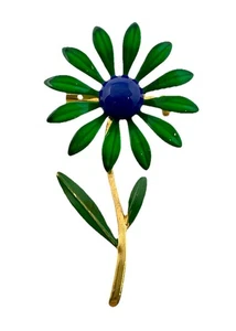 Late 60s/ Early 70s Enamel Flower Brooch Green Blue - Picture 1 of 5