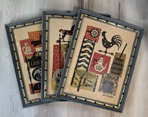 Set Of 3 Vintage Bev Edwards Wood Frame Prints Americana Folk Art Farmhouse - Picture 1 of 16