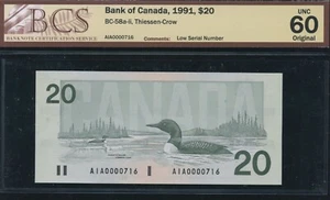 1991 Bank of Canada $20 - BC-58a-ii - BCS UNC 60 Original - Low S/N: AIA0000716 - Picture 1 of 2