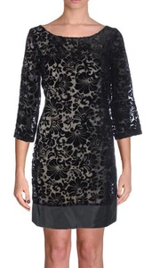 Laundry ~ Black Burnout Velvet Floral 3/4 Sleeves Shift Party Dress 2 NEW $148 - Picture 1 of 8