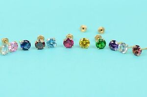 14K Solid Yellow Gold 3mm Round Birthstone Stud Earrings with screw back