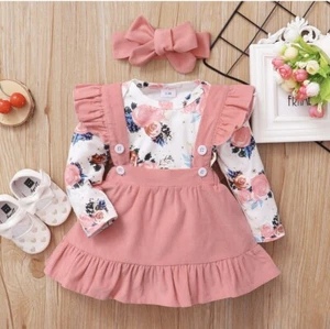 Baby Girl 9-12 M Long-sleeves Floral Bodysuit, Suspender Skirt & Headband Set - Picture 1 of 8