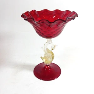 Salviati Venetian Ruby Red Optic Glass Swan Bird Stem Compote Bowl Gold fleck - Picture 1 of 7