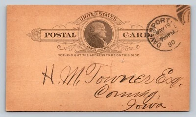 1886 UX9 Postal Card 1c Unpaid Interest Charges DAVENPORT IA TO CORNING IA - Image 1 of 2