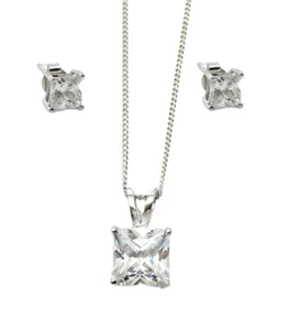 White gold finish princess cut created diamond necklace and stud earrings Gift - Picture 1 of 12