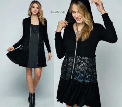 Nova jaqueta cardigã feminina EUA VOCAL de renda preta com zíper com capuz P M L XL 1X 2X 3X - Imagem 1 de 4