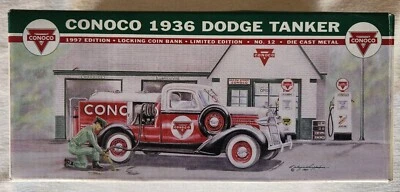 Banco de monedas de bloqueo de juguete fundido a presión Dodge Tanker 1936 Conoco de colección con caja original Foto 1 de 4