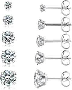5 Pairs Stud Earrings Set, Hypoallergenic Cubic Zirconia 316L Earrings Stainl... - Picture 1 of 1