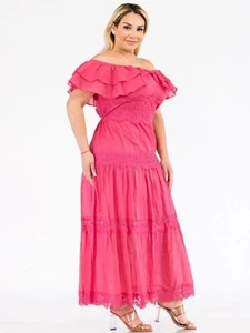Womens Plus Size Fuschia Pink Cold Shoulder Maxi Dress 1XL Ruffled Lace - Picture 1 of 2