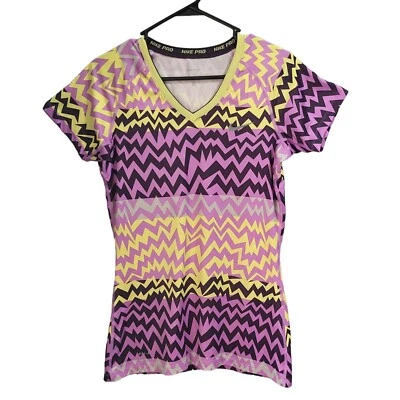 耐克 Pro Dri Fit Top 衬衫女式 M 黑色紫色黄色 Zig Zag 条纹 S/Sleeve — 第 1/4 张图片