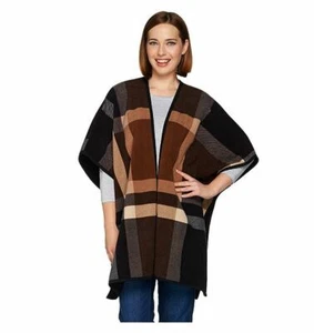Denim & Co. Fleece-Poncho kariert Print wendbar vorne offen braun M - Bild 1 von 4