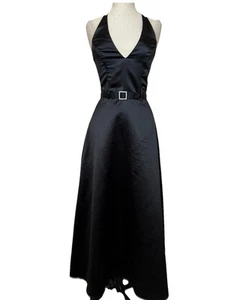 Scott McClintock Black Satin Formal Gown Rhinestone Belt Halter 90s Y2K Prom M - Picture 1 of 12