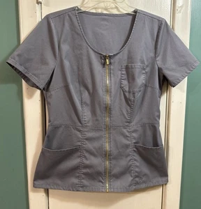 Jaanu Women Gray Full-zip Medium Peplum Scrub Top 3-pocket J96098 Discontinued - Picture 1 of 6