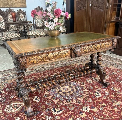 Antique French Desk Leather Top Writing Table Double Barley Twist Tiger Oak 1880 - Image 1 of 4