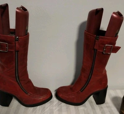 Botas Fly London Talla 39/8 Hebilla Cremallera Cuero Borgoña Tela Becerro Tacón Grueso Foto 1 de 4