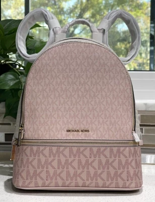 MICHAEL KORS RHEA MEDIUM ZIP BACKPACK BAG TOTE MK POWDER BLUSH PINK MK LOGO - Image 1 of 4