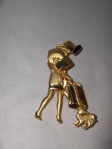 Vintage  Fashion Lady Pin Brooch Packages Dog Brushed Gold  Finish Signed NICE  - Picture 1 of 3
