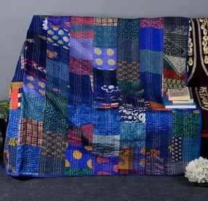 Reversible Silk Kantha Quilt 60X90" Twin Bedspread Blue Patchwork Coverlet - Picture 1 of 3